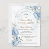 Elegant Lijst Blauw Bloemen Eerste Heilige Communi Kaart (Voorkant)