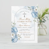 Elegant Lijst Blauw Bloemen Eerste Heilige Communi Kaart (Staand voorkant)