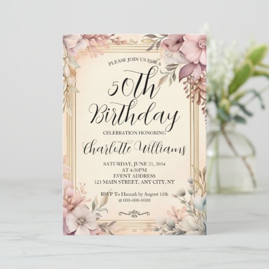 Elegant Lijst Bloemen Vrouwen 50ste Verjaardag Kaart (Staand voorkant)