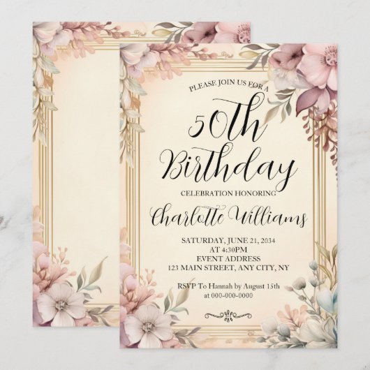 Elegant Lijst Bloemen Vrouwen 50ste Verjaardag Kaart (Voorkant / Achterkant)
