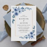 elegant lijst blue floral bruiloft kaart<br><div class="desc">blauwe bloemen met een gouden lijst en een stoffige achterkleur. U kunt de tekst,  tekstgrootte,  kleuren en lettertypen op deze sjabloon wijzigen.</div>