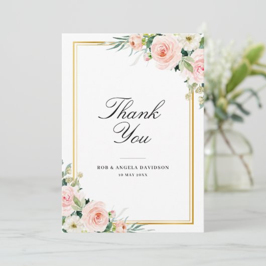 elegant lijst blush florale bruiloft bedankkaart (Staand voorkant)