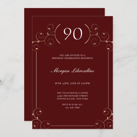 Elegant Lijst Bourgogne Goud 90e Verjaardag Kaart (Voorkant / Achterkant)