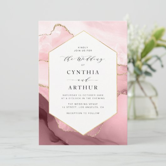 elegant lijst bruin roze en goudbruine bruiloft kaart (Staand voorkant)