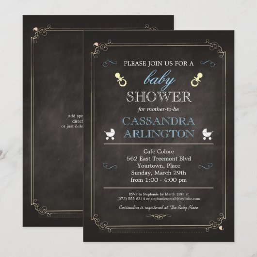 Elegant Lijst Chalkboard Blue Baby shower Kaart (Voorkant / Achterkant)