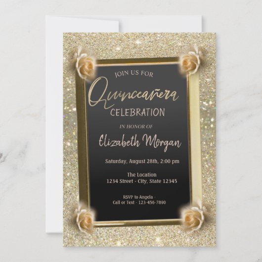 Elegant Lijst Chic Flowers, Rozen Quinceañera Kaart (Voorkant)