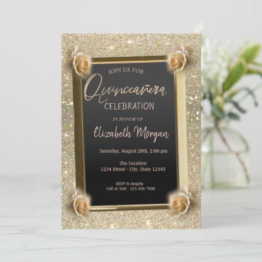 Elegant Lijst Chic Flowers, Rozen Quinceañera Kaart (Staand voorkant)