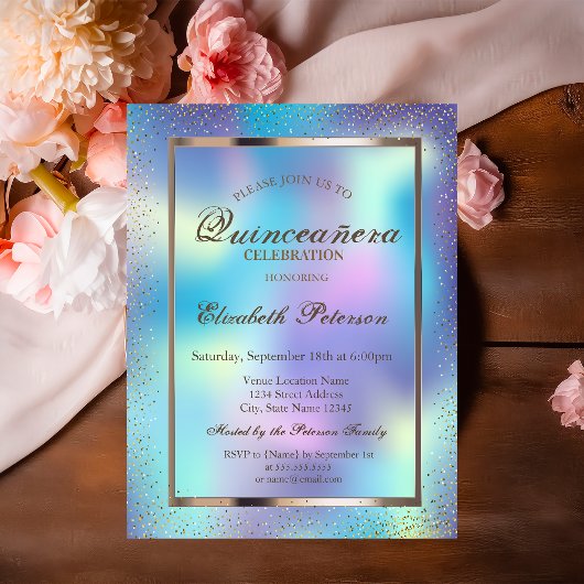 Elegant Lijst Confetti Holographic Quinceañera Kaart
