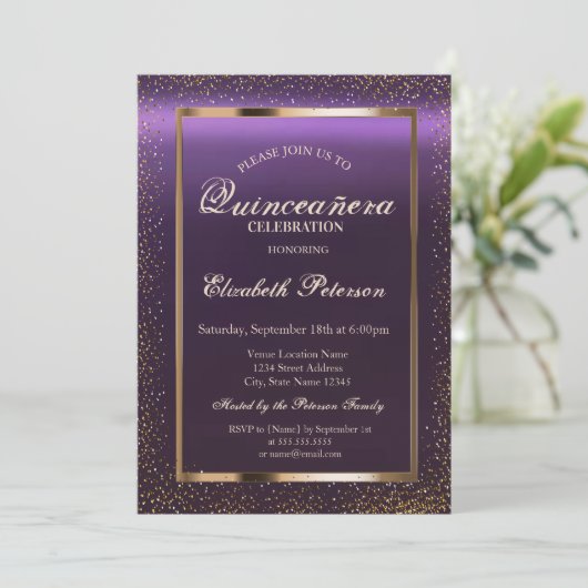 Elegant Lijst Confetti Paarse Quinceañera Kaart (Staand voorkant)
