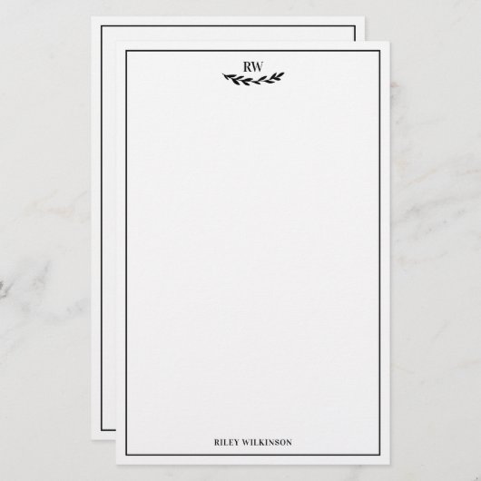 Elegant Lijst & Curved Greenery Monogram Briefpapier (Voorkant / Achterkant)