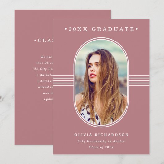 Elegant Lijst | Dusty Roos Photo Afstuderen Aankondiging (Voorkant / Achterkant)