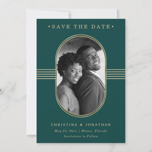 Elegant Lijst | Emerald Green en Gold met foto Save The Date (Voorkant)