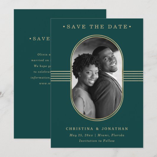 Elegant Lijst | Emerald Green en Gold met foto Save The Date (Voorkant / Achterkant)