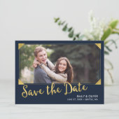 Elegant Lijst Faux Goud Blauw Foto Save the Date (Staand voorkant)
