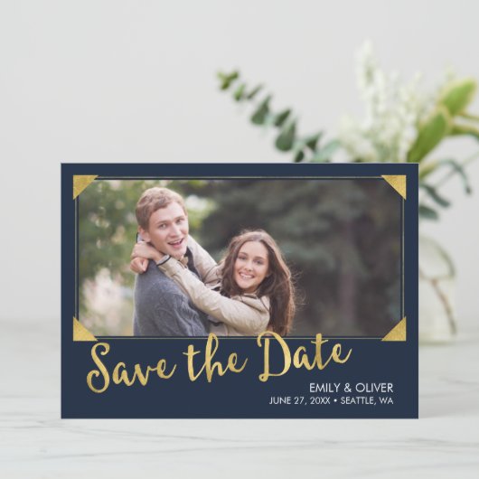 Elegant Lijst Faux Goud Blauw Foto Save the Date (Staand voorkant)