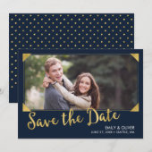 Elegant Lijst Faux Goud Blauw Foto Save the Date (Voorkant / Achterkant)