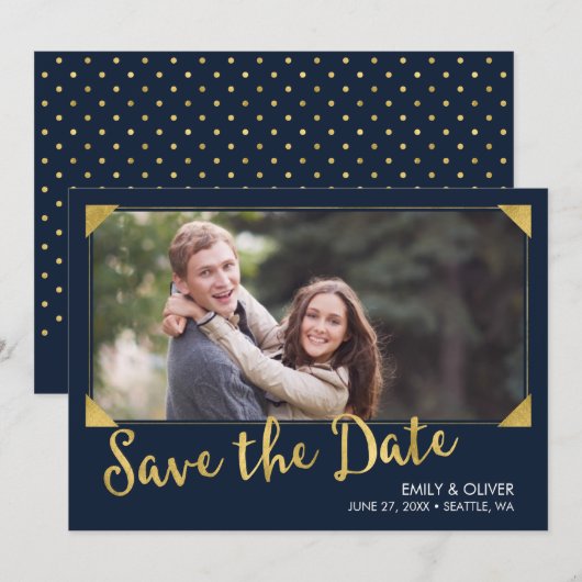 Elegant Lijst Faux Goud Blauw Foto Save the Date (Voorkant / Achterkant)