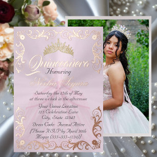 Elegant lijst & foto op pastelroze Quinceanera Folie Uitnodiging