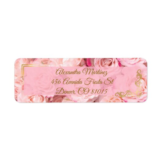 Elegant Lijst Goud Roze Roze Bloemen Quinceañera Etiket (Voorkant)