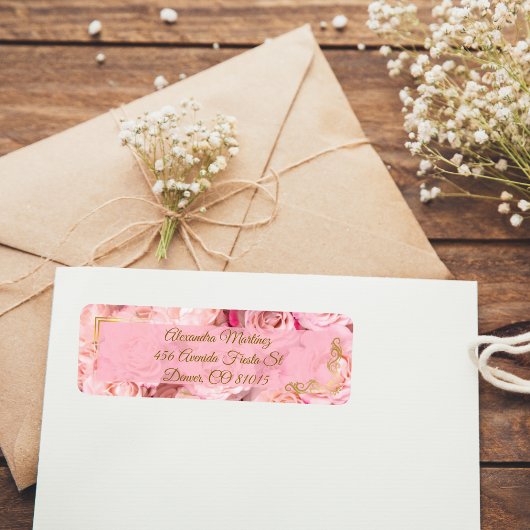 Elegant Lijst Goud Roze Roze Bloemen Quinceañera Etiket