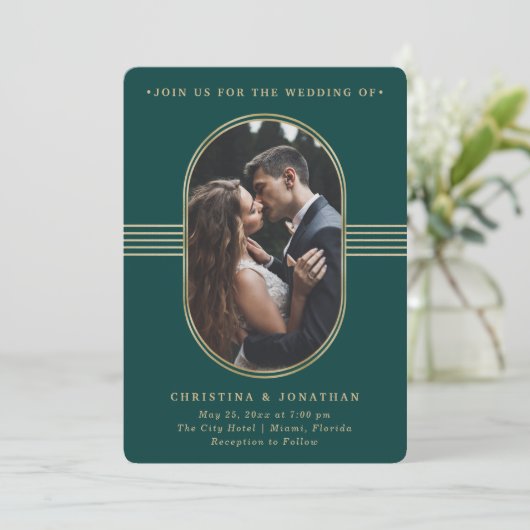 Elegant Lijst | Groene en gouden foto bruiloft Kaart (Staand voorkant)