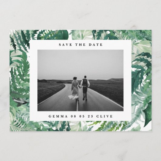 Elegant Lijst Leafy Waterverf Foto bruiloft Save The Date (Voorkant)