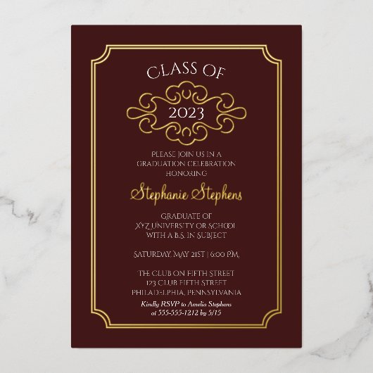 Elegant Lijst Maroon College Graduation Party Folie Uitnodiging (Voorkant)