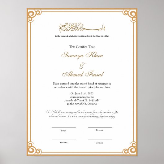 Elegant lijst Muslim nikkah certificate poster (Voorkant)
