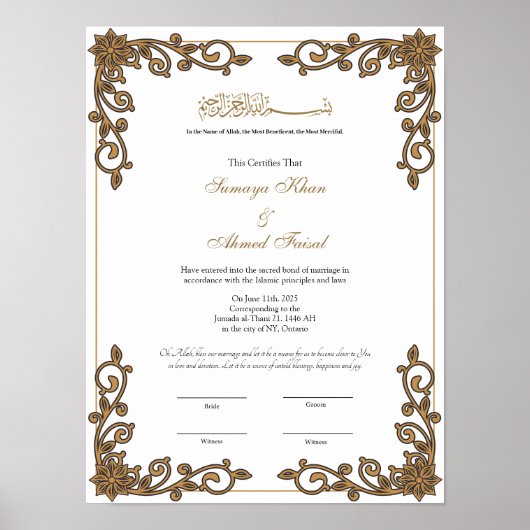 Elegant lijst Muslim nikkah certificate poster (Voorkant)