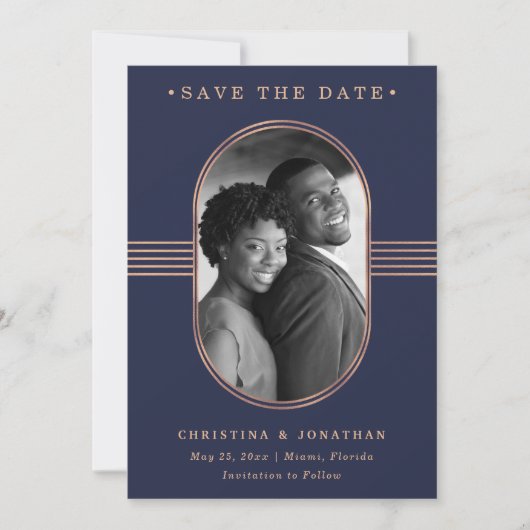 Elegant Lijst | Navy Blue en Roos Gold met foto Save The Date (Voorkant)