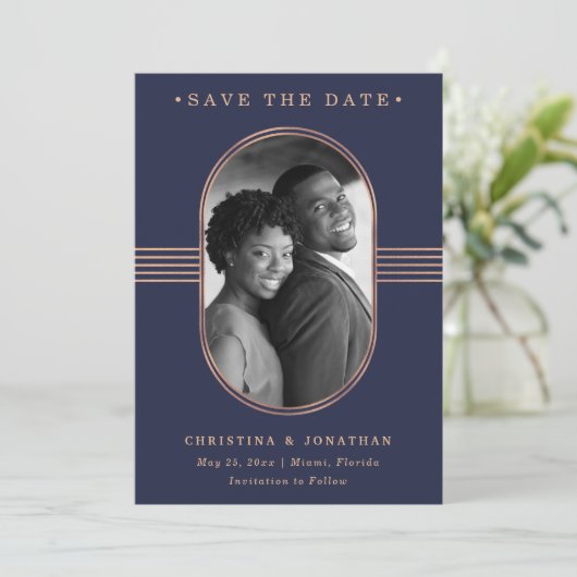 Elegant Lijst | Navy Blue en Roos Gold met foto Save The Date (Staand voorkant)