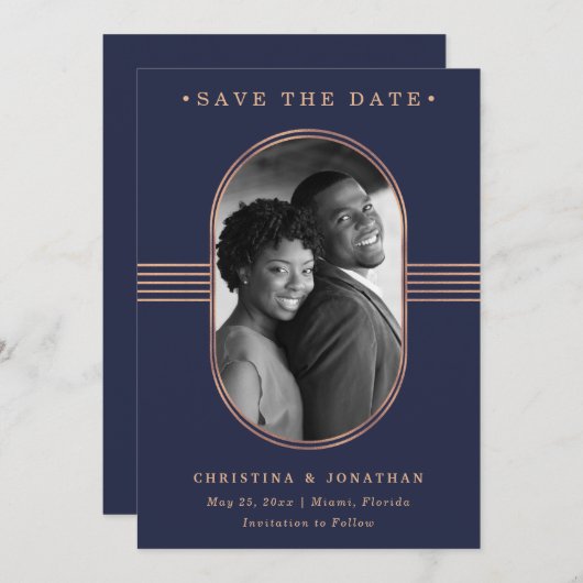 Elegant Lijst | Navy Blue en Roos Gold met foto Save The Date (Voorkant / Achterkant)