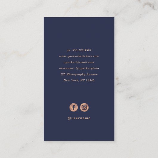Elegant Lijst | Navy Blue en Roos Gold Photo Visitekaartje (Achterkant)