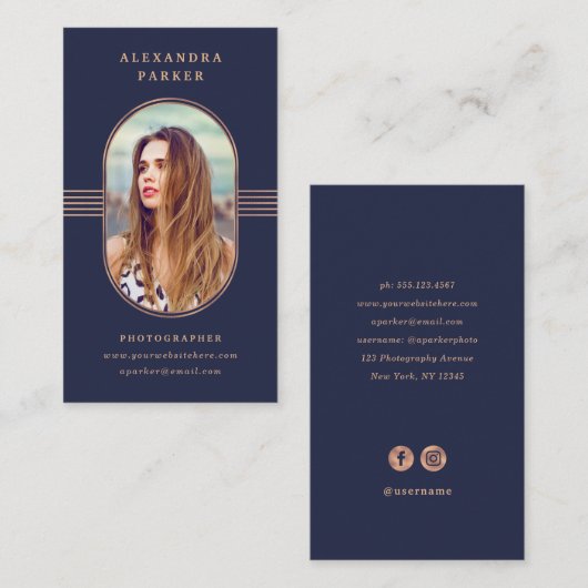 Elegant Lijst | Navy Blue en Roos Gold Photo Visitekaartje (Voorkant / Achterkant)