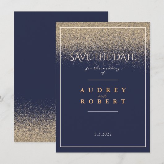 Elegant Lijst Navy Blue Gold Glitter Wedding Save The Date (Voorkant / Achterkant)
