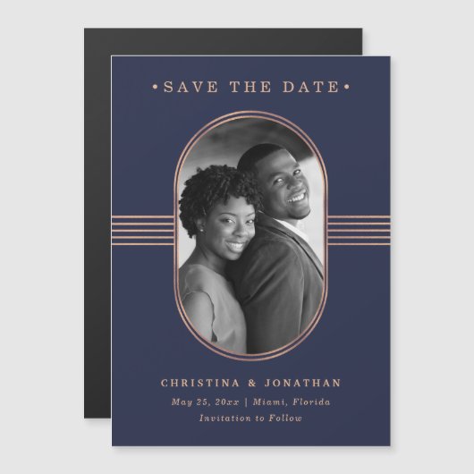 Elegant Lijst | Navy Roos Gold Photo Save the Date (Voorkant / Achterkant)