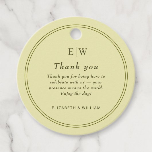 Elegant Lijst op Celestial Yellow Monogram Wedding Bedankjes Labels (Voorkant)