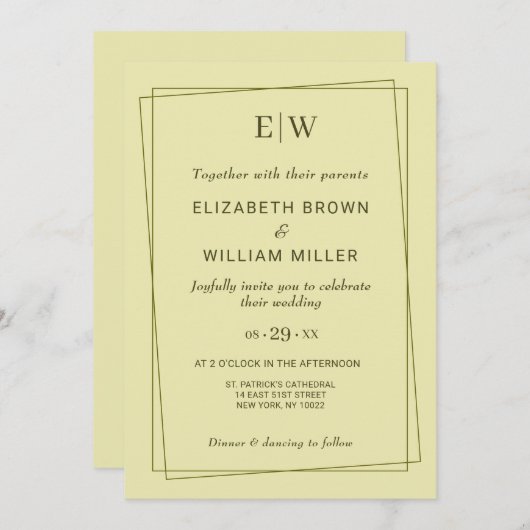 Elegant Lijst op Celestial Yellow Monogram Wedding Kaart (Voorkant / Achterkant)