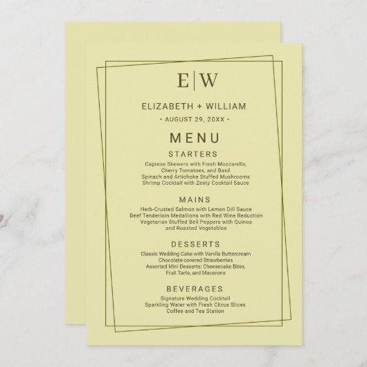 Elegant Lijst op Celestial Yellow Monogram Wedding Menu (Voorkant / Achterkant)