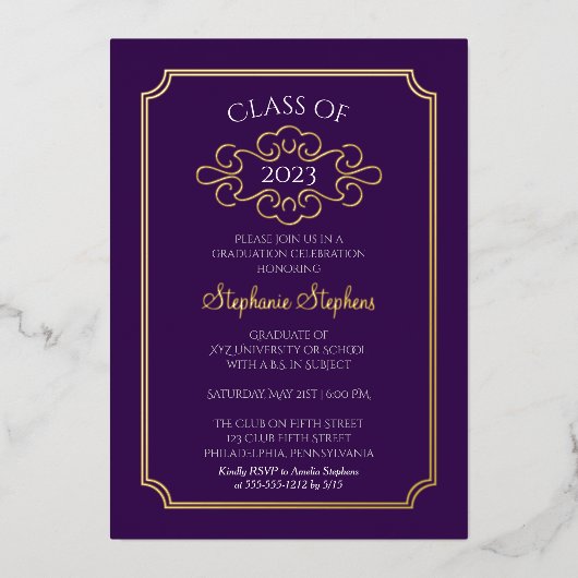 Elegant Lijst Paarse Academie GraduPartij Folie Uitnodiging (Voorkant)