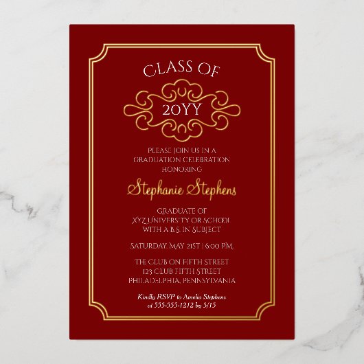Elegant Lijst Red College Graduparty Folie Uitnodiging (Voorkant)