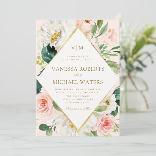 Elegant lijst roze blos bloemen bruiloft kaart (Staand voorkant)