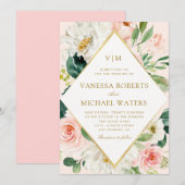 Elegant lijst roze blos bloemen bruiloft kaart (Voorkant / Achterkant)