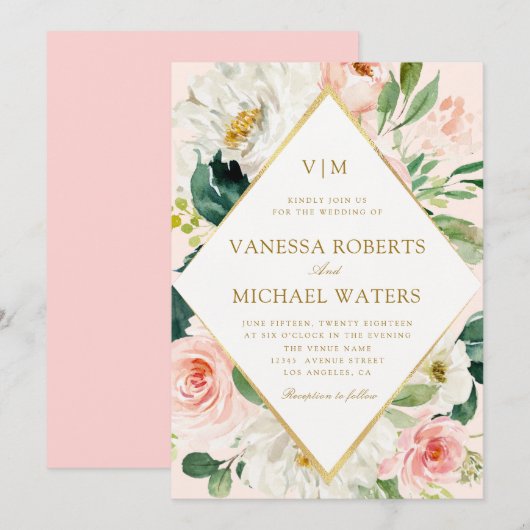 Elegant lijst roze blos bloemen bruiloft kaart (Voorkant / Achterkant)