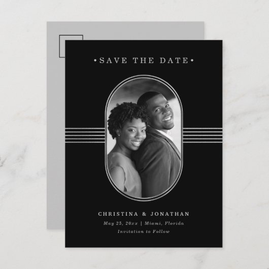 Elegant Lijst Silver en Black Photo Save the Date Aankondigingskaart (Voorkant / Achterkant)