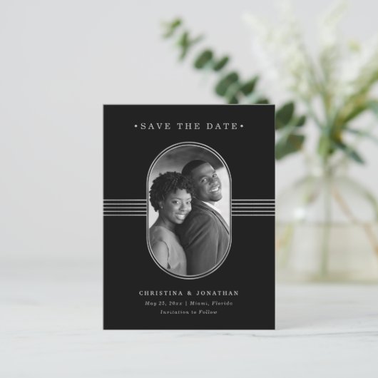 Elegant Lijst Silver en Black Photo Save the Date Aankondigingskaart (Staand voorkant)
