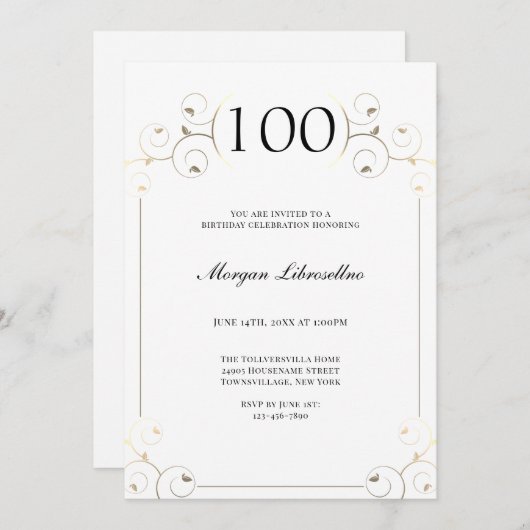 Elegant Lijst Wit Goud 100e Verjaardag Kaart (Voorkant / Achterkant)