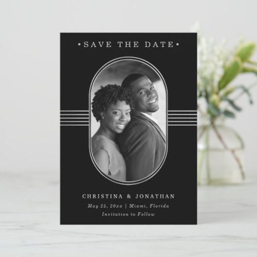 Elegant Lijst | Zilver en zwart met foto Save The Date (Staand voorkant)