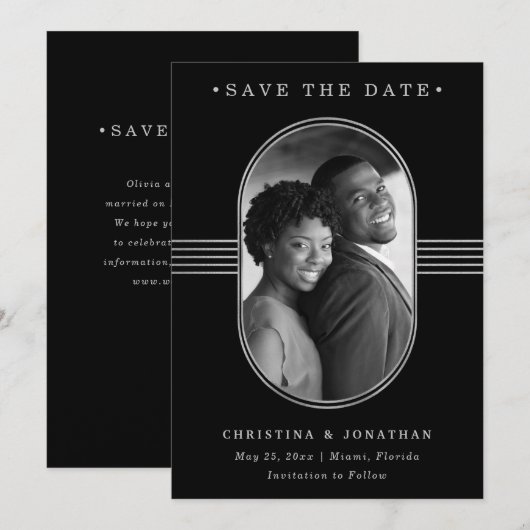 Elegant Lijst | Zilver en zwart met foto Save The Date (Voorkant / Achterkant)