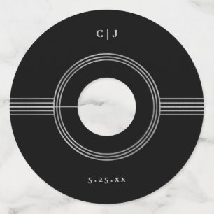 Elegant Lijst   Zilver en zwart Monogram bruiloft Wijnglaslabel